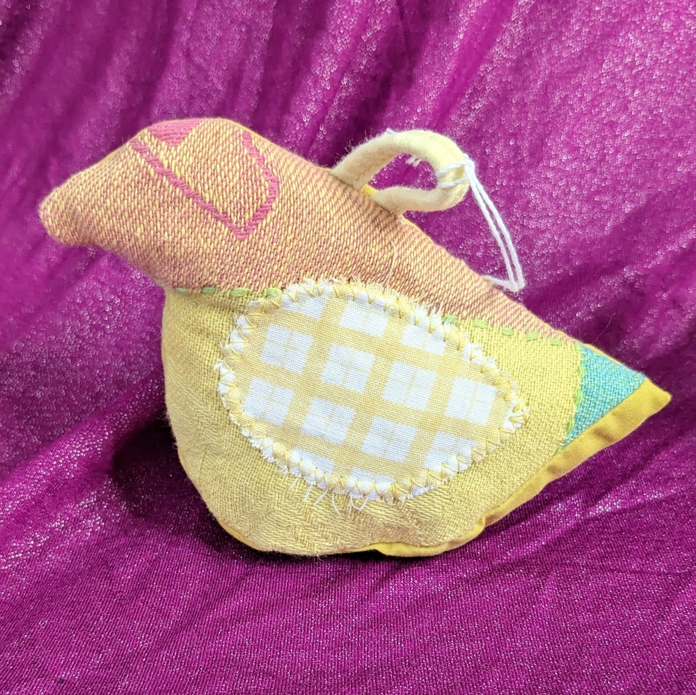 Upcycled fabric yellow bird ornament toy